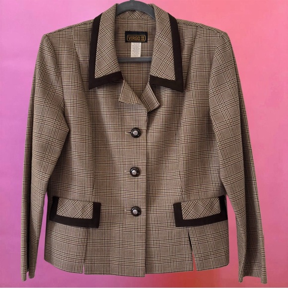 Vintage 80s Virgo II Tan Khaki Brown Houndstooth Blazer w/ Shoulder Pads Size 14 - Picture 7 of 14